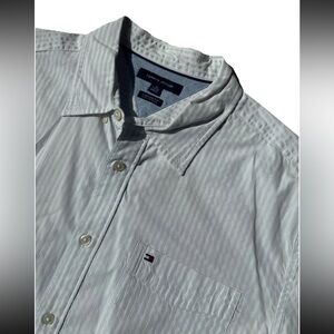 Tommy Hilfiger Grey and White Stripped Cotton Button Down Shirt, Mens XL
